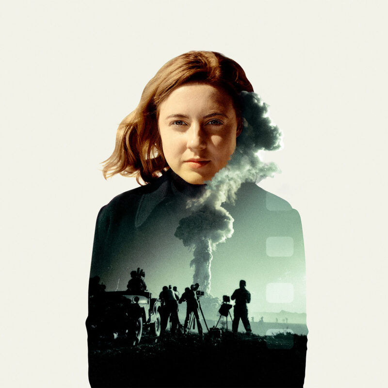 A woman's portrait superimposed with a scene of a film crew filming a large explosion in the background.